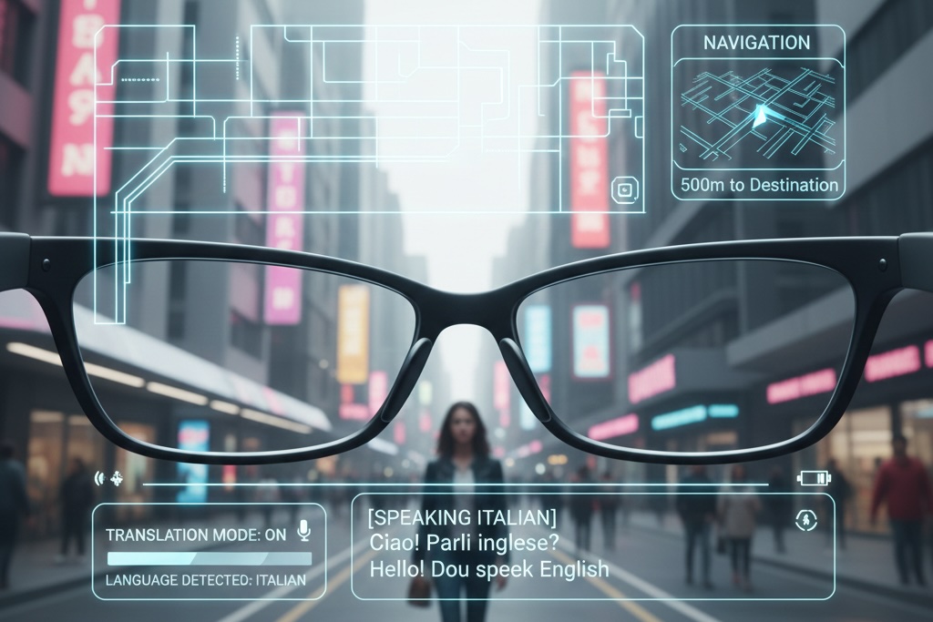 AR glasses with an overlay UI showing navigation, captions, and translation