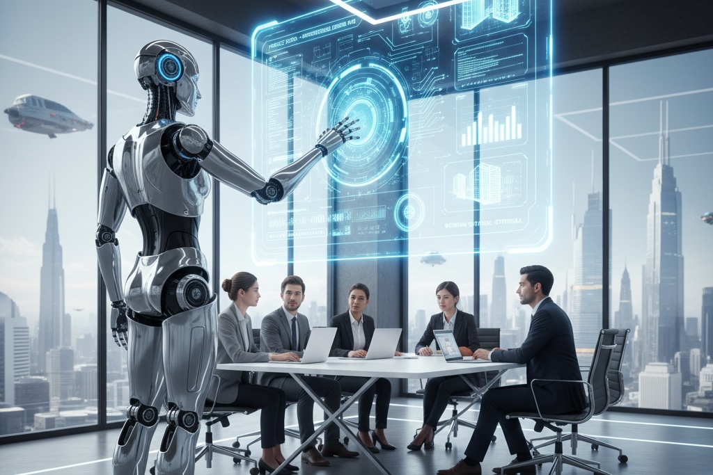 humanoid robot interacting with an AI interface